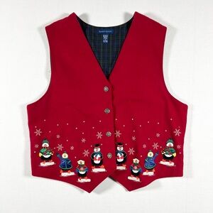 Karen Scott Red Christmas Vest With Embroidered Penguins Snowmen Women Sz XL